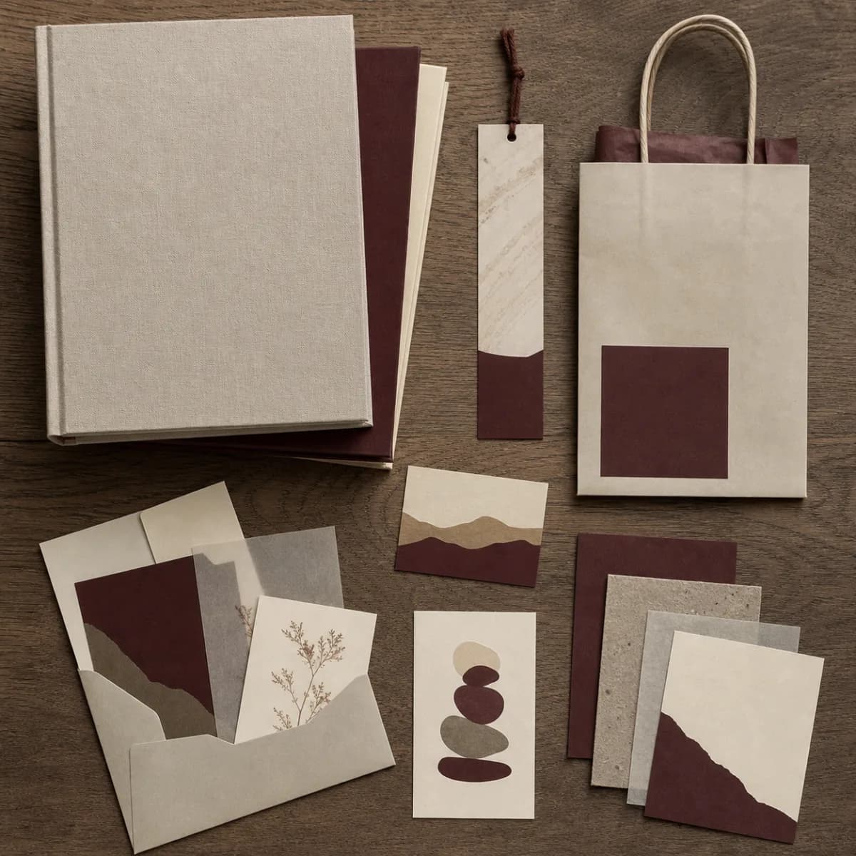 Оригинальная обложка концепта «Полка книжного — Stationery Scenes»: стопка книг без текста, закладки и бумажный пакет на дубовой полке