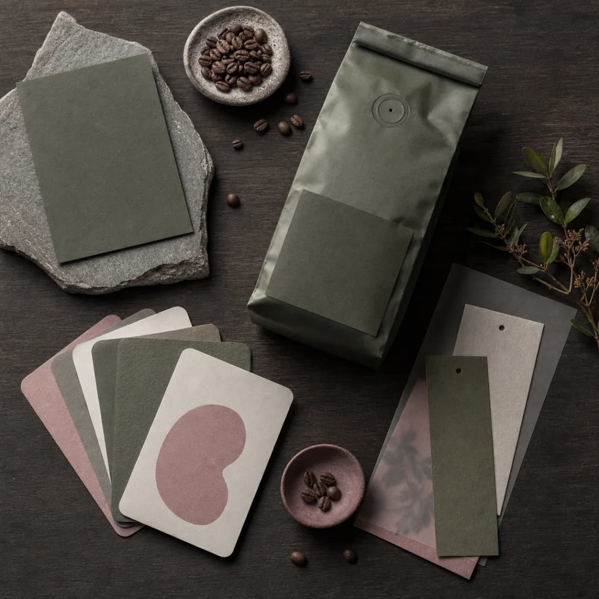 Оригинальная обложка концепта «Обжарка и бумага — Coffee Scenes»: матовые пакеты без маркировки, зёрна и карточки на тёмном дереве