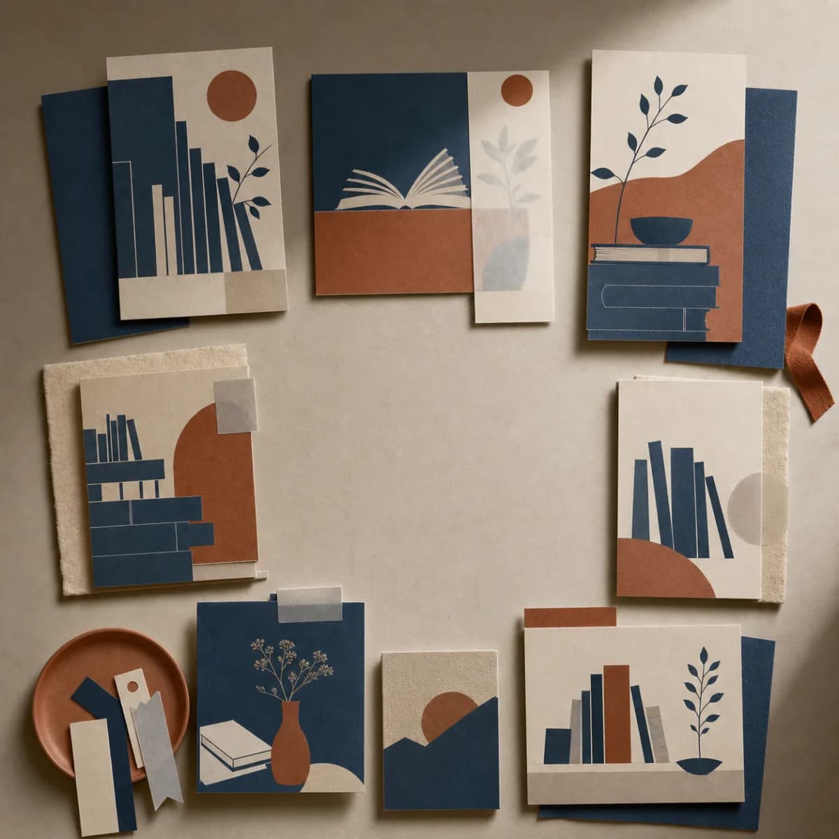 Оригинальная обложка концепта «Полка чтения — Reading Kit»: книжные силуэты без текста, закладки и тематические кластеры