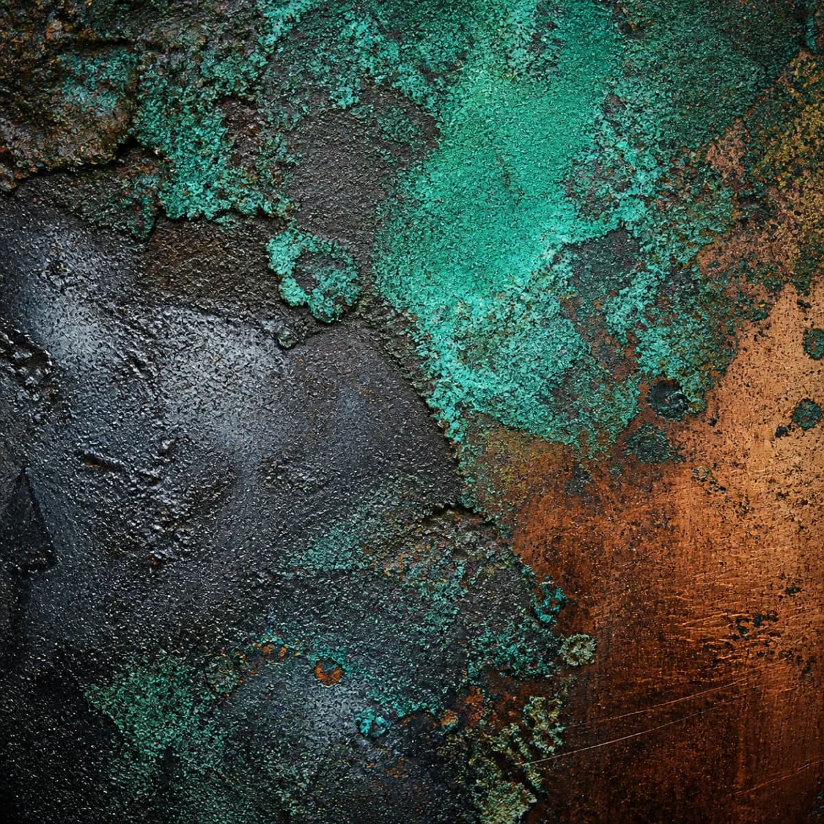 Оригинальная обложка концепта «Патина металла — Surface Atlas»: макро медной патины, тёмной стали и сухих минеральных пятен