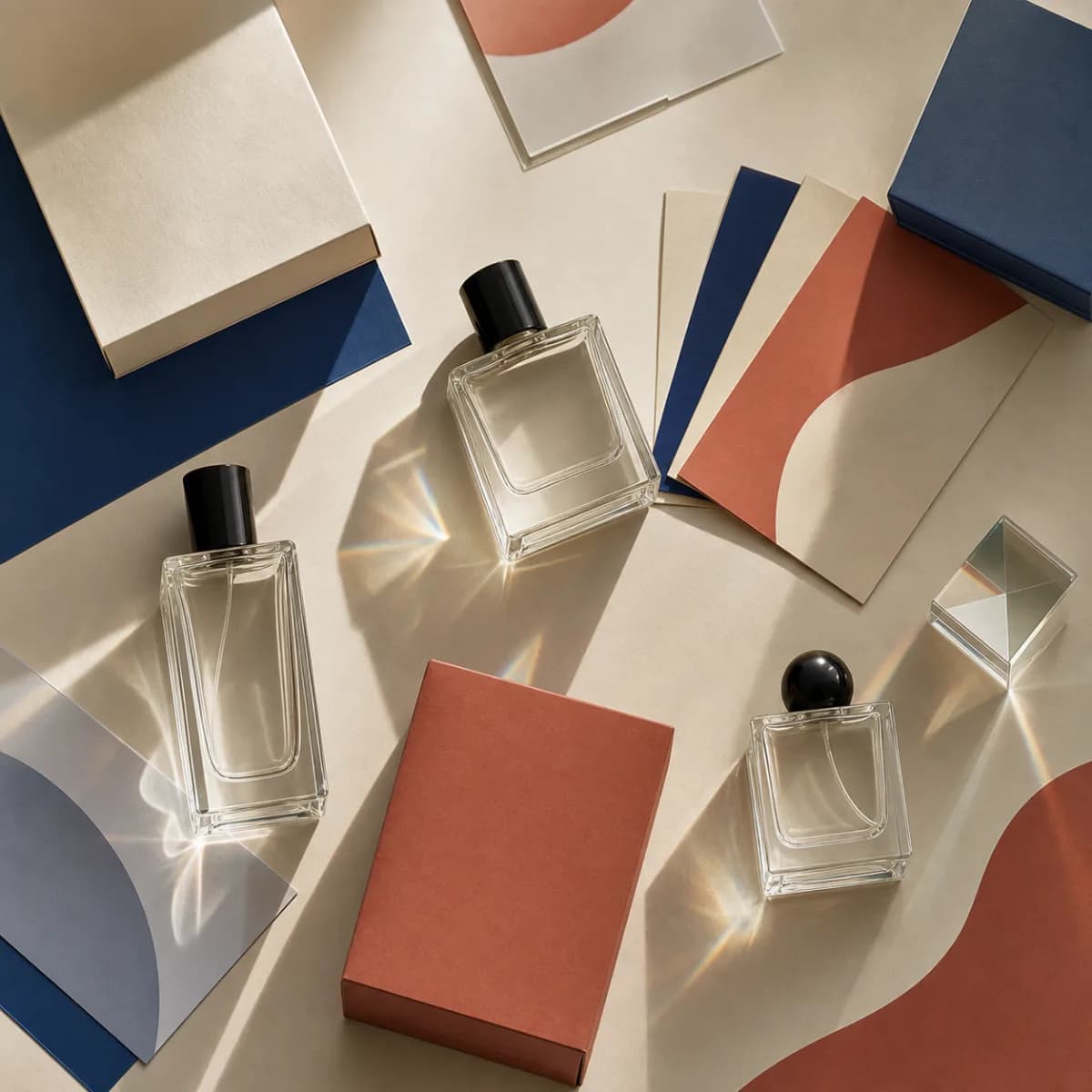 Оригинальная обложка концепта «Флакон и тень — Perfume Scenes»: прозрачные флаконы без логотипов, матовые коробки и призматический свет